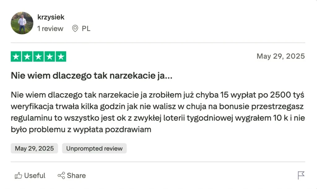 Recenzja gracza Krzysiek o Slottica Polska – brak problemów z wypłatami i duże wygrane