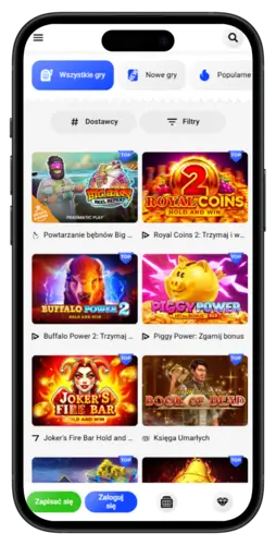 Ekran aplikacji kasynowej z listą gier, m.in. Royal Coins 2, Buffalo Power 2, Piggy Power i Księga Umarłych