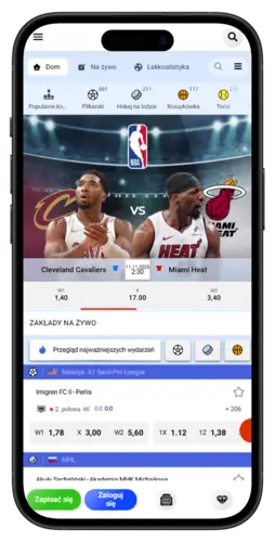 Ekran aplikacji z zakładami sportowymi - mecz NBA Cleveland Cavaliers kontra Miami Heat oraz kursy na żywo