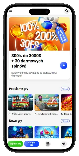 Ekran aplikacji kasynowej z ofertą bonusu powitalnego do 3000 $ i 30 darmowych spinów oraz listą popularnych i nowych gier